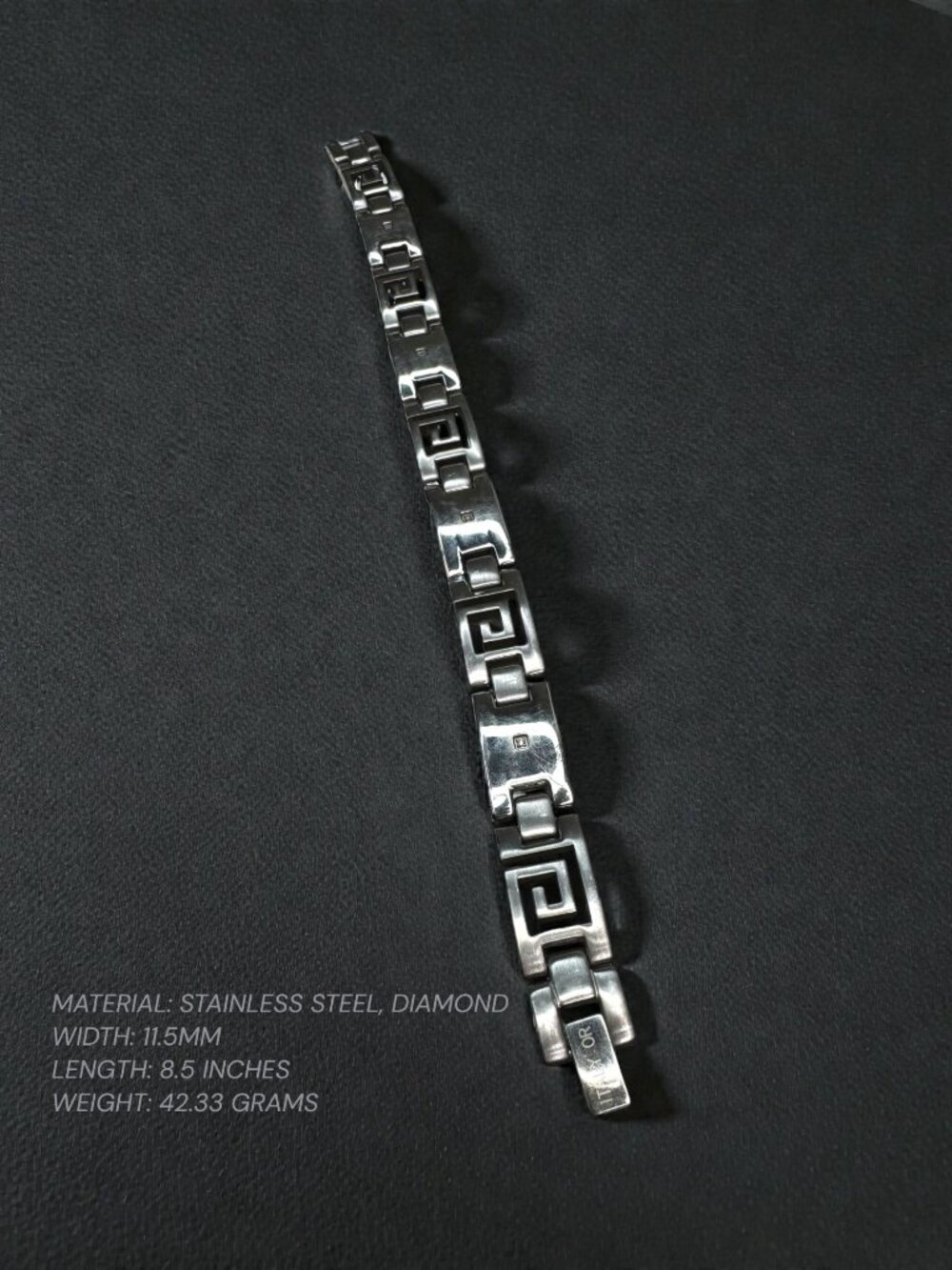 Italy OR Stainless Steel Greek Key Bracelet Diamond Accent 2000s